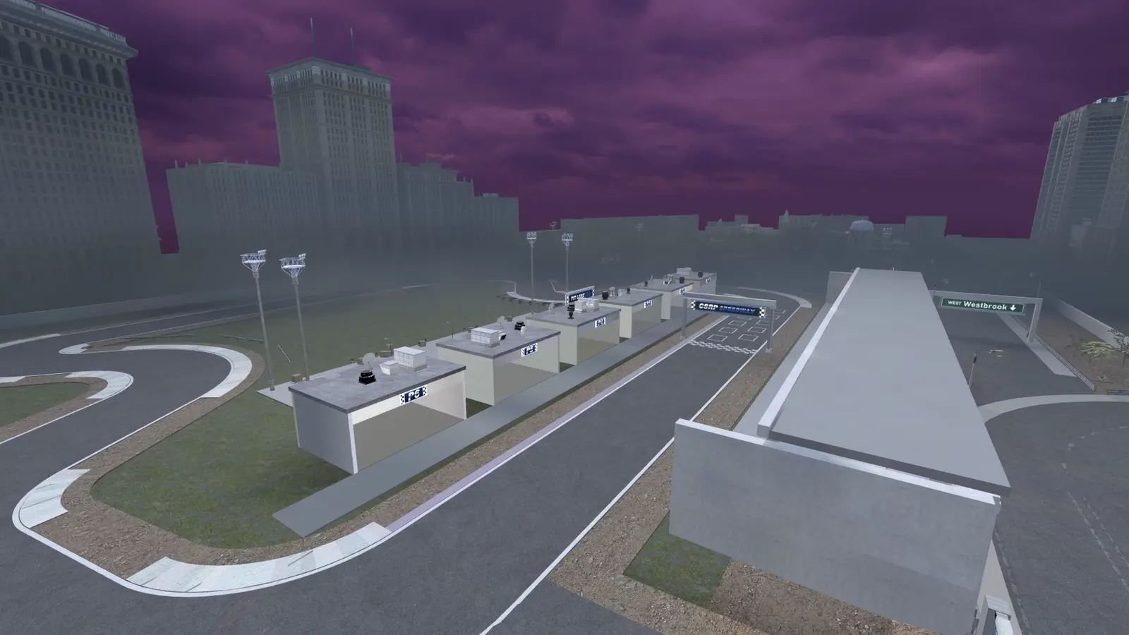 The pit garages and start line at the CSRP Speedway